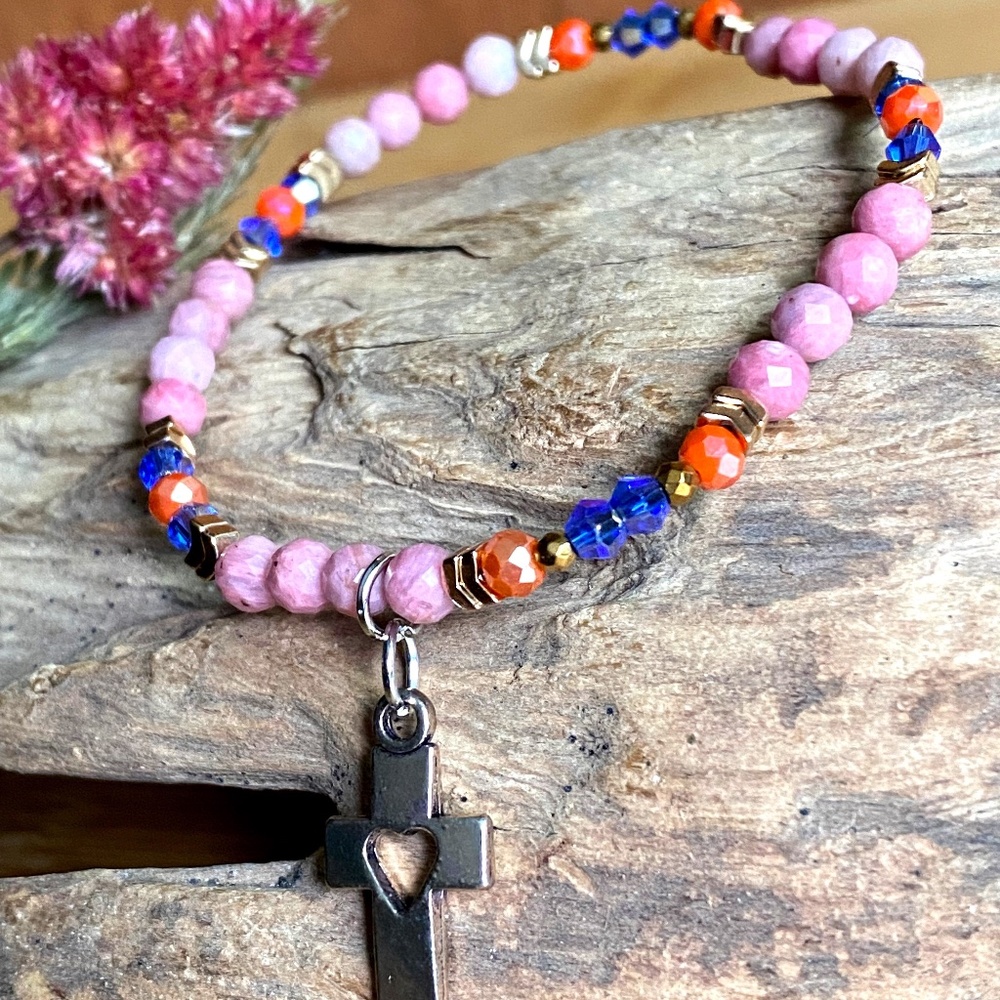 Rhodonite with Austrian Crystals Christian Cross Bracelet